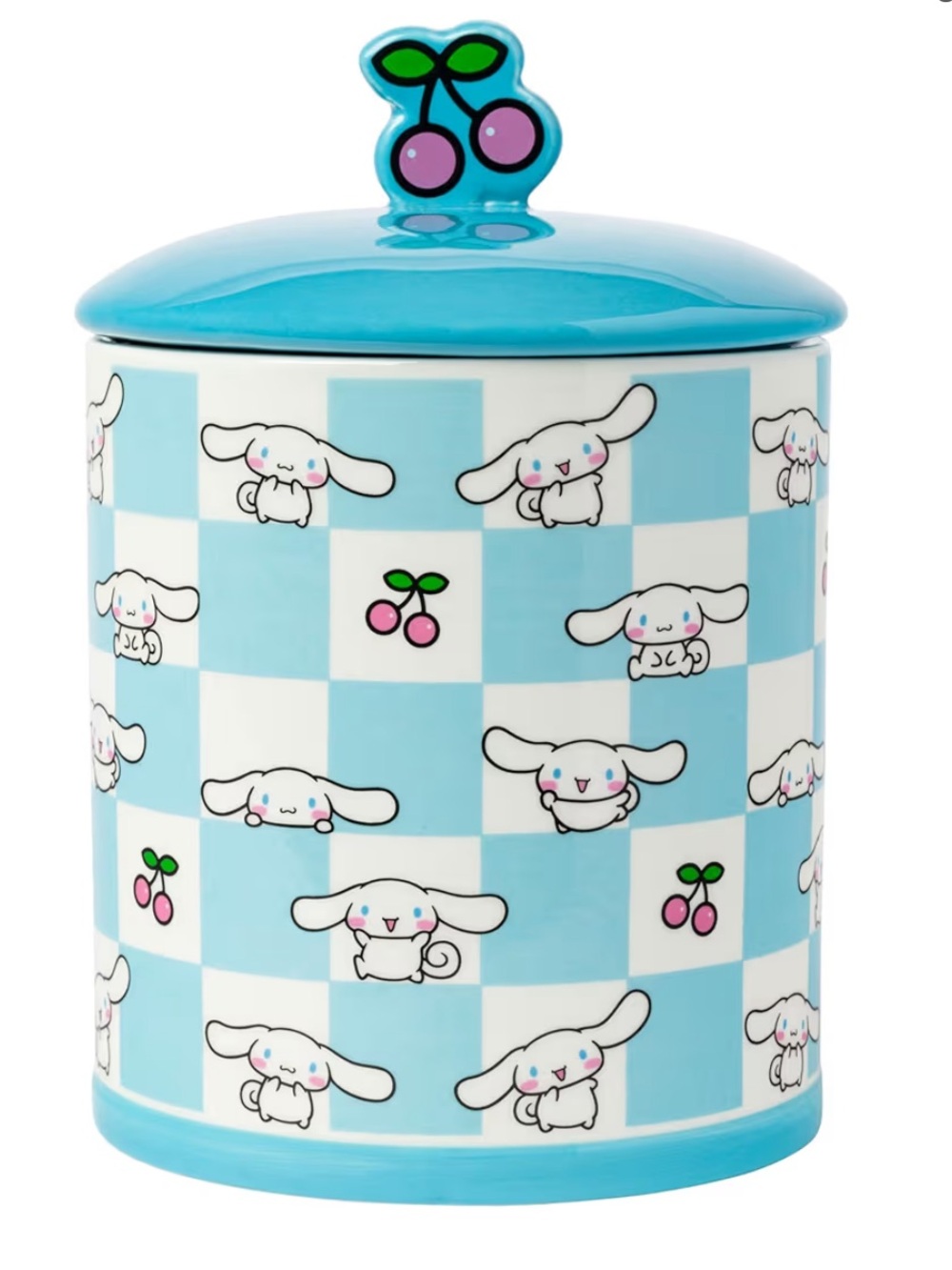 Sanrio Cinnamoroll Blue and White Checker Ceramic Canister with Cherry Lid